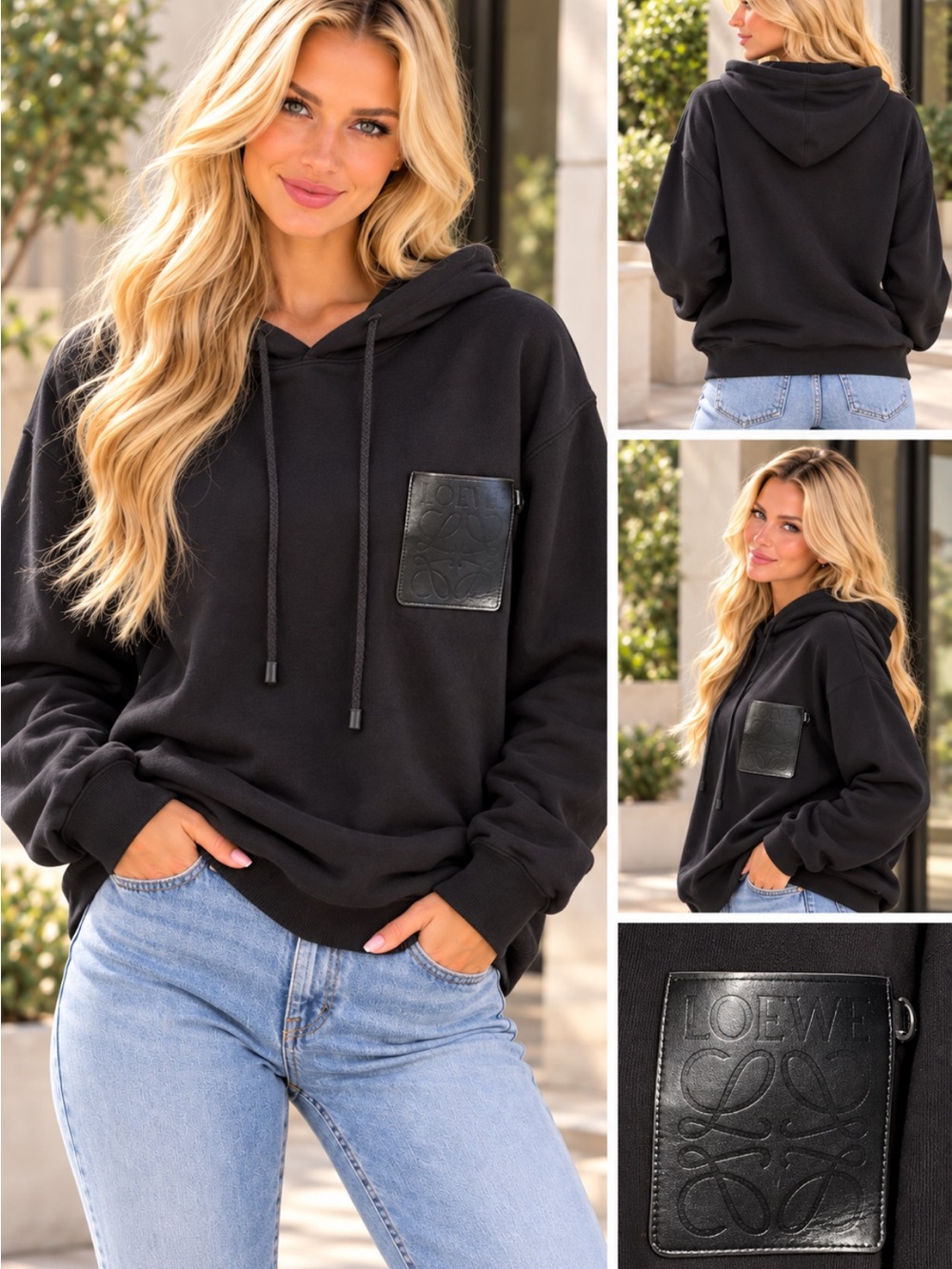 FAsHION Black Leather Like-Patch Hoodie for Women